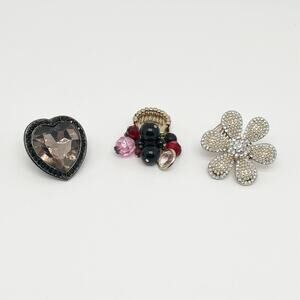 Lot of 3 Large Statement Elastic Cocktail Rings - Flower - Heart -Dangle Beads